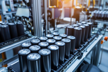 Close-up view of battery manufacturing line in a factory Generative AI