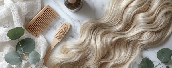 Blonde hair extensions with wooden comb and brush on marble background