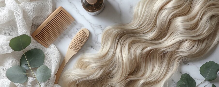 Blonde hair extensions with wooden comb and brush on marble background