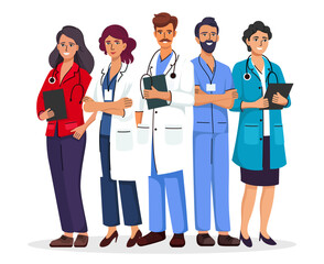Hospital medical staff team standing together. Group of male and female doctors, nurses, and paramedics. Vector illustration

