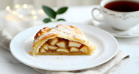 Piece of tasty apple strudel served with tea on white marble table, closeup