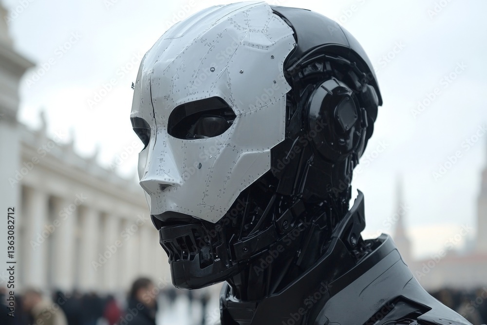 Poster modern robot displayed outdoors in a busy urban environment during a cloudy day