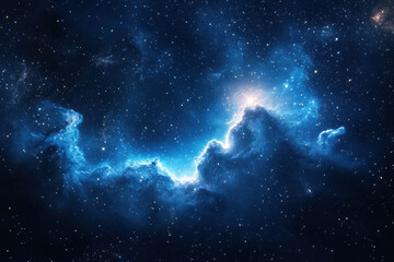 Vibrant blue nebula with swirling gas clouds and bright stars, forming a mesmerizing and celestial scene in the vast cosmos.