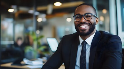 Smiling young businessman in a modern office, wearing a suit, engaged in conversation, bright atmosphere with plants.