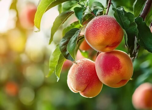 Ripe peaches growing on branch in sunny orchard - Powered by Adobe