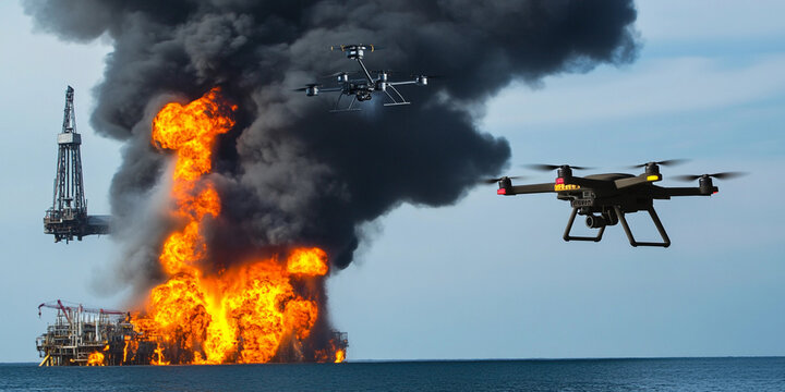 Surveillance drones monitor oil rig fire during emergency response Generative AI