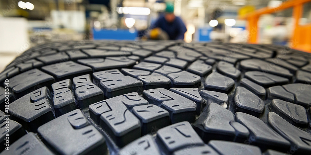 Poster close-up view of tire tread in manufacturing facility generative ai