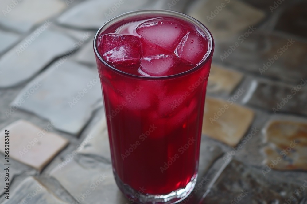 Poster refreshing beverage served in a glass filled with ice on a textured stone surface