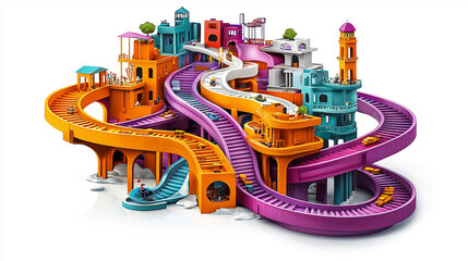 A whimsical, vibrant, multilayered cityscape with winding colorful roads and tiny cars