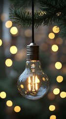 Illuminated light bulb hanging from green branches surrounded by bokeh