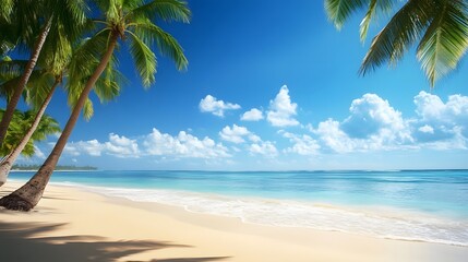Serene tropical beach scene with palm trees, clear blue skies, and gentle waves lapping at the shore