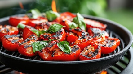 Grilled red bell peppers on a hot pan