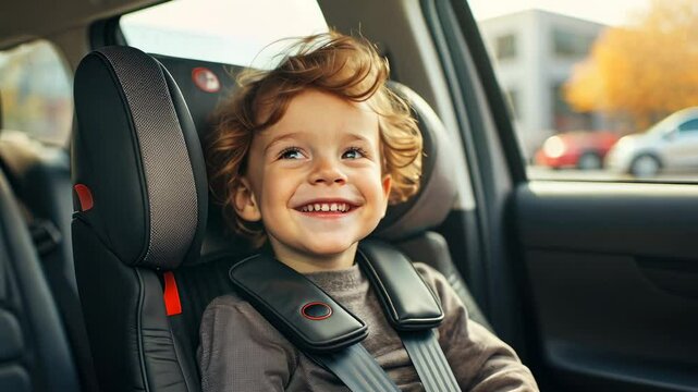small kid sitting on a child seat in a car, boy fastened with belts, travel, road trip, traffic rules, safety, smiling baby, passenger
