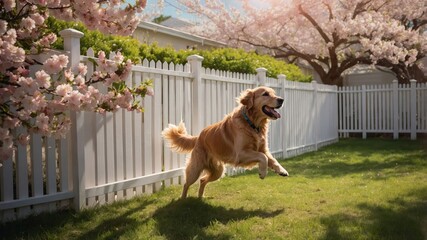 A golden retriever joyfully leaps in a sunny yard adorned with blooming cherry trees.