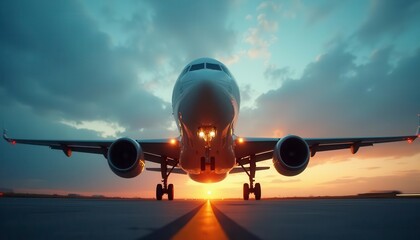 Obraz premium Front view of commercial airplane on runway at sunset. Studio-style aviation photography. Air travel and transportation concept. Design for poster, wallpaper, header, banner. Eye-level shot with drama