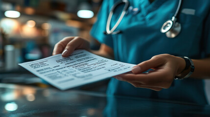 A hospital bill receipt being printed at a payment counter, detailed medical expenses listed