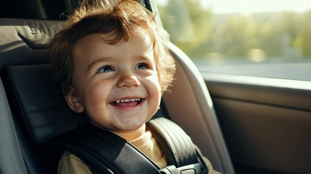 small kid sitting on a child seat in a car, boy fastened with belts, travel, road trip, traffic rules, safety, smiling baby, passenger