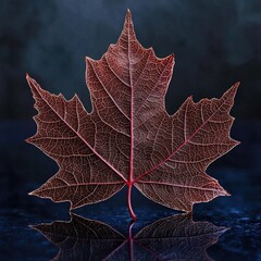 Fototapeta premium Close-up of red maple leaf with intricate veins and reflective symmetry on dark background