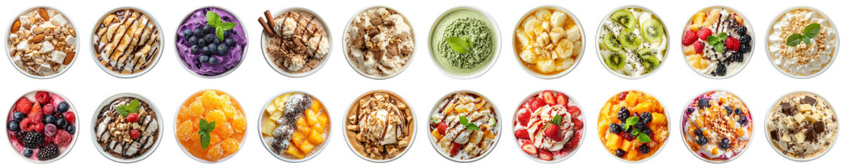 Colorful Assortment of Fresh Fruit Bowls with Various Toppings Including Nuts, Seeds, and Yogurt Served in Elegant Round Bowls. Piquant food set.