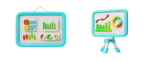 3D set with computer monitor and interactive whiteboard with various business analysis charts.