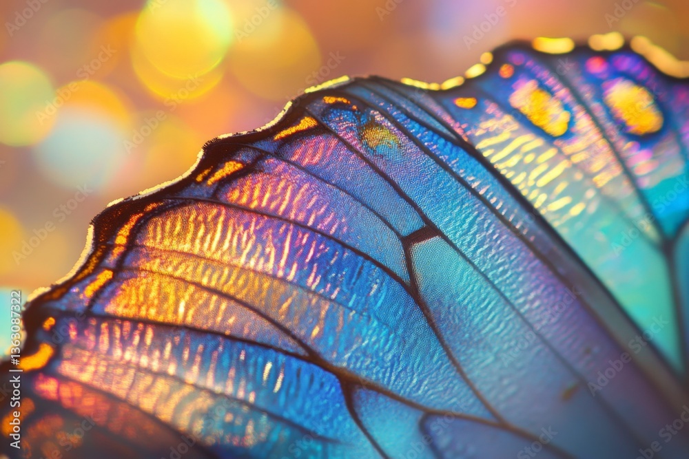 Poster Detailed close-up of a butterfly wing showcasing vibrant color patterns and intricate textures in natural light