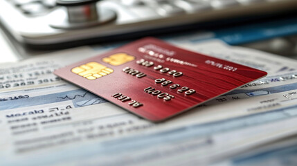 A hospital bill with a credit card placed on top, symbolizing medical expenses paid via digital transaction
