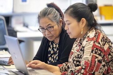 Aboriginal woman and Asian woman sitting together in an office looking at a laptop screen
