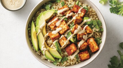 A playful and colorful scene featuring a quinoa salad with roasted tofu, avocado, and tahini dressing, arranged in a bright, clean bowl. The fluffy quinoa, golden-brown tofu, and ripe avocado slices