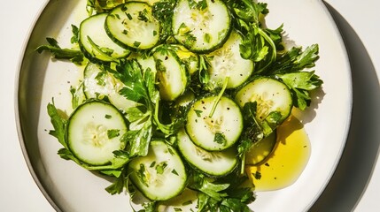 Beautifully Detailed Photo: Green Salad with Pickled Daikon, Cucumbers, and Olive Oil