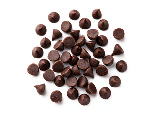 Dark chocolate chips top view isolated on white background.