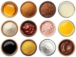 A Colorful Display of Various Seasonings and Condiments in Round Containers Arranged in a Grid Pattern for Culinary Inspiration and Recipe Development. Piquant food set.
