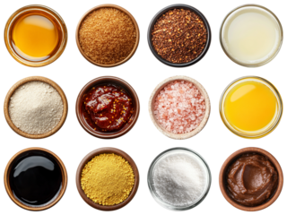 A Colorful Display of Various Seasonings and Condiments in Round Containers Arranged in a Grid Pattern for Culinary Inspiration and Recipe Development. Piquant food set.