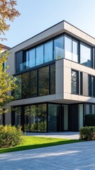 Modern architecture featuring glass windows with balcony and surrounding landscape