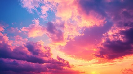 Obraz premium Vibrant sunset sky with pink, purple, and orange clouds. A breathtaking display of colors at dusk.