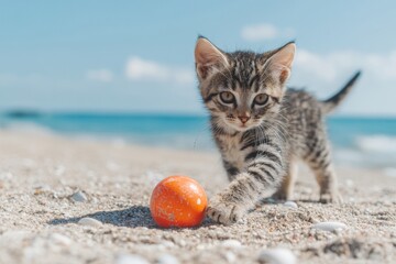 Playful kitten explores the sandy beach near the ocean on a sunny day