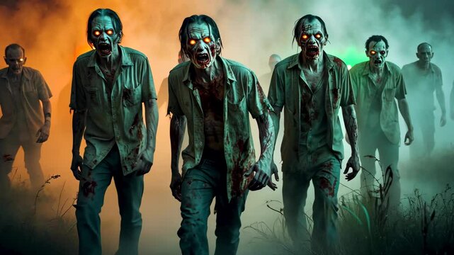 Group of zombies walking toward camera in dark foggy apocalyptic environment