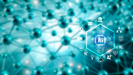 Fototapeta premium Ai tech, Global Internet connect with AI for business, Artificial Intelligence, using command prompt for generates something, Futuristic technology transformation.