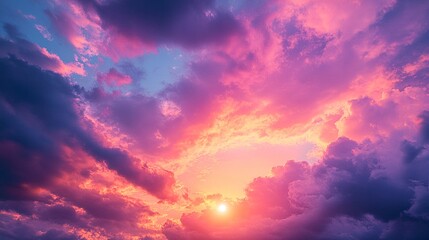 Fototapeta premium Vibrant sunset with pink and purple clouds filling the sky. A breathtaking view of nature's beauty.