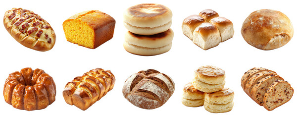Variety of Freshly Baked Breads and Pastries Displayed in an Appealing Arrangement on a White Background. Piquant food set.