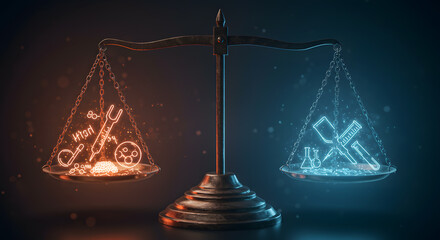 Justice Scale: A metaphorical balance scale illuminated with conceptual imagery, representing the delicate balance between choices.