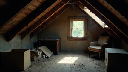 Dusty Attic Space with Wooden Beams, Sunlight Through Window, and Old Chair
