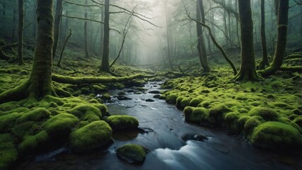 A serene forest scene with a stream surrounded by moss-covered rocks and trees.