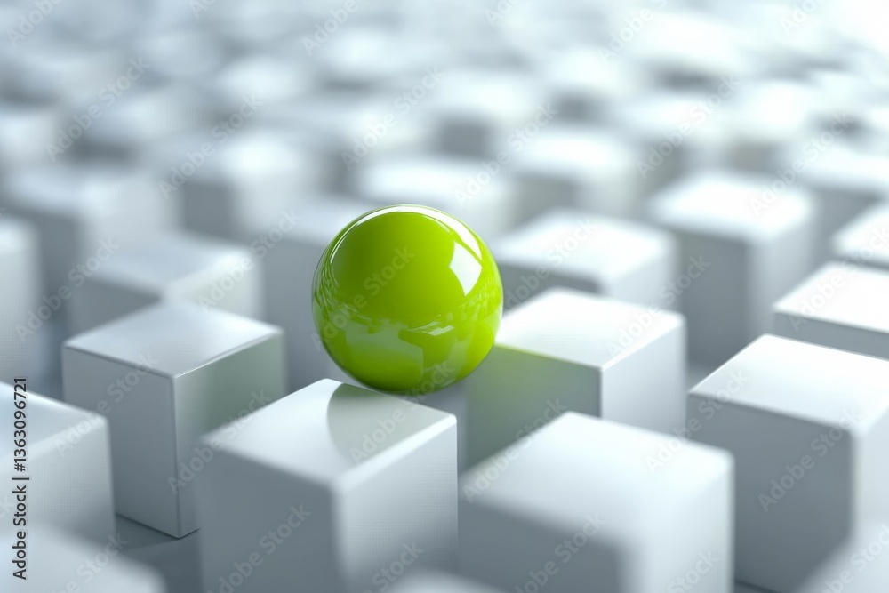 Aufkleber Green sphere resting on white cubes creating a modern abstract composition in a minimalistic setting