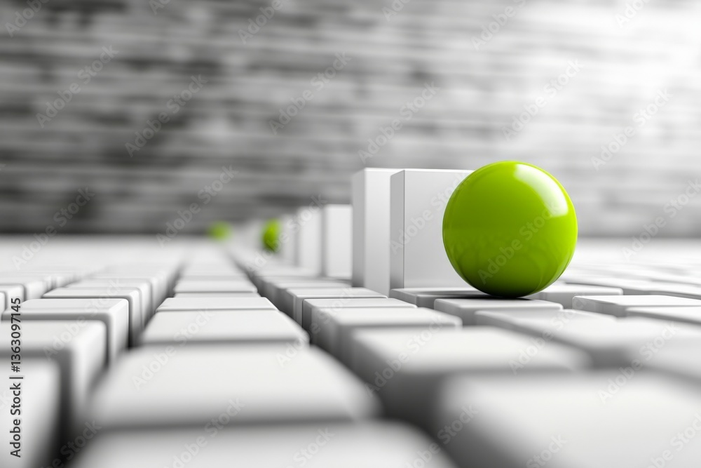 Poster green sphere contrasts with white cubes in a modern abstract arrangement on a textured surface