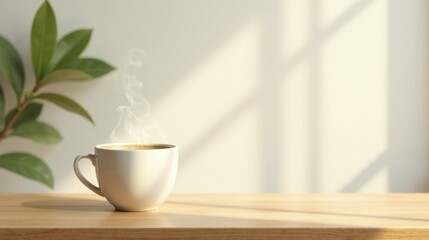 Serene Morning Coffee Break Warm Sunlight Illuminates a Steaming Cup on a Wooden Surface, Next to Lush Green Foliage