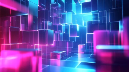Obraz premium Neon Cubescape, Digital Abstract of Glowing Pink and Blue Geometric Shapes