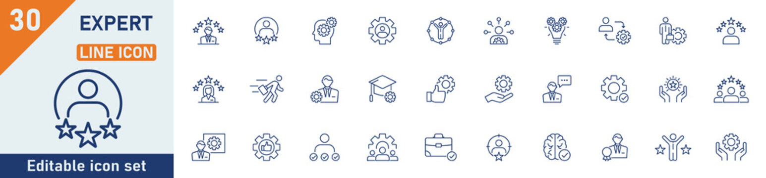 Expert line icon set. Set of 30 outline icons related to talent, skill, aptitude, specialist, thinking, expertise, expert and others. Editable stroke. Vector illustration.