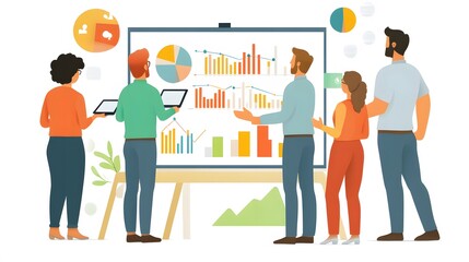 Team brainstorming session, diverse group analyzing charts on whiteboard, collaborative environment, creative workplace atmosphere.