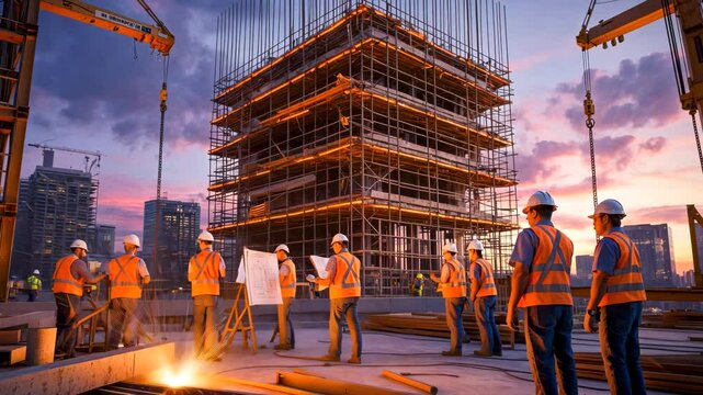 Construction workers in safety vests building multilevel structure at sunset
