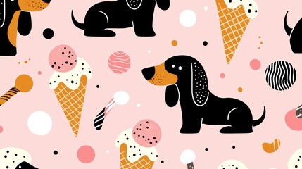 A cheerful seamless pattern featuring adorable dachshunds and melting ice cream cones, set against a bubblegum pink backdrop with candy details.